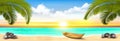 Summer vacation panorama. Tropical beach with a coco palm tree, blue ocean with a boat and sunset sky with clouds.