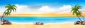 Summer vacation panorama. Tropical beach with a palm tree and blue sea. Royalty Free Stock Photo