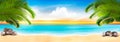 Summer vacation panorama. Tropical beach with a palm tree and blue sea.