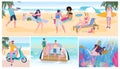 Summer vacation party on beach, people having fun, active leisure vector illustration Royalty Free Stock Photo