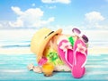 Summer vacation. Pink sandals by swimming pool Royalty Free Stock Photo