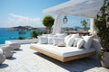 Summer vacation at poolside. Veranda decorated with deck chairs and umbrella with an ocean view Royalty Free Stock Photo