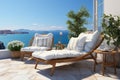 Summer vacation at poolside. Veranda decorated with deck chairs and umbrella with an ocean view Royalty Free Stock Photo