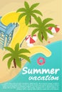 Summer vacation poster concept. Stock vector. Water slide on the sea beach with palm trees and beach umbrellas. Top view