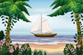 Summer Vacation Poster. Seascape beach palms seachore sailing yacht tropical ocean, vector, illustration banner Royalty Free Stock Photo