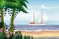 Summer Vacation Poster. Seascape beach palms seachore sailing yacht tropical ocean, vector, illustration banner Royalty Free Stock Photo