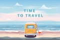 Summer Vacation Poster Time To Travel. Beach Camping Van, Bus With Surfboard Seascape Palms, Ocean. Vector Illustration