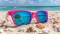 Summer Vacation Reflection: Sunglasses on Sandy Beach Royalty Free Stock Photo