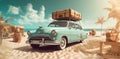 trip road car retro tropical vintage summer travel vacation beach. Generative AI. Royalty Free Stock Photo