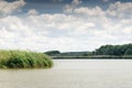 Summer vacation on the river bank. Hunting for wild ducks. White clouds over the forest lake. Royalty Free Stock Photo