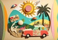 Summer vacation road trip trendy art paper collage design. Generative ai Royalty Free Stock Photo