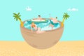 Summer vacation on sea beach, people swimming and sunbathing, tropical palms and sand, ocean flat vector illustration.