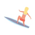 Girl, with legs in lap, rolling on waves on board.