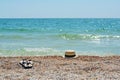 Summer vacation at sea. Hat and flip flops on a sand beach. Sun hat and sandals on beach. Selective focus. Royalty Free Stock Photo