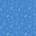 Summer vacation seamless pattern. Vector doodles travel background. Funny blue and white hand drawn beach and trip Royalty Free Stock Photo