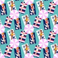 Summer vacation seaside background seamless pattern. Hand drawn, relaxed beautiful people on the beach. Sexy girls lying on sand,