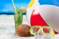 Summer vacation on the seaside. Color ball and mask on beach Royalty Free Stock Photo