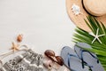 Summer vacation at the seaside concept flat lay. Beach accessories and sea shells top view Royalty Free Stock Photo