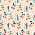 Summer vacation seaside sunbathing background seamless pattern. Hand drawn, relaxed beautiful people on the beach. Sexy girls Royalty Free Stock Photo