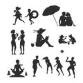 Summer vacation silhouettes. Beach activity scene. Portrait of people resting on the sea. Volleyball, sandbox Royalty Free Stock Photo