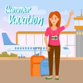 Summer Vacation Square Banner. Traveling Girl.