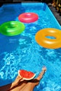 Summer Vacation. Summertime Fun. Watermelon By Swimming Pool. Fruits Royalty Free Stock Photo