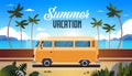 Summer Vacation Surf Bus Sunrise Tropical Beach Retro Surfing Vintage Greeting Card Horizontal With Lettering Template