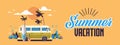 Summer Vacation Surf Bus Sunset Tropical Beach Retro Surfing Vintage Greeting Card Horizontal Banner With Lettering