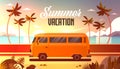 Summer Vacation Surf Bus Sunset Tropical Beach Retro Surfing Vintage Greeting Card Horizontal With Lettering Template