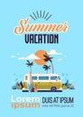 Summer Vacation Surf Bus Sunset Tropical Beach Retro Surfing Vintage Greeting Card Vertical With Lettering Template