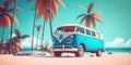 Summer vacation surf bus sunset tropical beach retro surfing vintage horizontal 3D illus Royalty Free Stock Photo