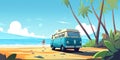 Summer vacation surf bus sunset tropical beach retro surfing vintage card horizontal illustration Royalty Free Stock Photo