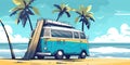 Summer vacation surf bus sunset tropical beach retro surfing vintage card horizontal illustration