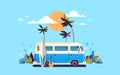 Summer Vacation Surf Bus Sunset Tropical Beach Retro Surfing Vintage Melody Greeting Card Horizontal Template Poster
