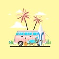 Summer vacation surf bus sunset tropical beach. travel and people concept in minivan car on beach.template poster flat vector Royalty Free Stock Photo