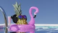 Summer Vacation and Swimming Pool Relaxation Lifestyles Concept, Pineapple With Sunglasses in Poolside at The Beach