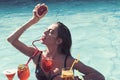 Summer vacation and swimming at sea. Pool party relax in spa resort. Drink fresh vitamin juice, diet. Cocktail with Royalty Free Stock Photo