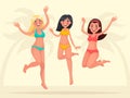 Summer vacation. Three happy girlfriends are jumping on a background of a tropical beach. Royalty Free Stock Photo