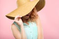 Summer vacation trip stylish beach sunhat woman Royalty Free Stock Photo