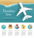 Summer Vacation and Tourism. Airplane flies over a sea, view from above. Icon Royalty Free Stock Photo