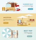 Summer Vacation and Tourism. Set Three Web banners. Beach Accessories Royalty Free Stock Photo