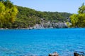 Summer vacation or travel background photo. Turquoise sea with forest