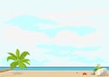 Summer vacation and travel. Palm tree and starfish on a sandy beach near the sea. Template booklet