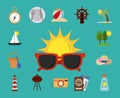 Summer vacation travel, sunglasses sun compass tree hat camera passport flat icons set Royalty Free Stock Photo