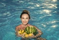 Summer vacation and travel to ocean. Dieting and healthy organic food, vegetarian. woman with tropical fruit in Royalty Free Stock Photo