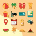 Summer vacation travel, tourism recreation set icons included ball palm snorkel fruit and ticket, flat style Royalty Free Stock Photo