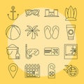 Summer vacation travel, tourism recreation set icons included ball palm snorkel fruit and ticket, linear style