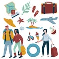 Summer vacation, traveling items, couple and woman on tropic island Royalty Free Stock Photo