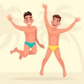 Summer vacation. Two young men are jumping on the beach backgro Royalty Free Stock Photo