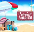 Summer vacation vector banner design. Summer vacation text in hanging wood texture with umbrella, luggage, beach ball and hat Royalty Free Stock Photo